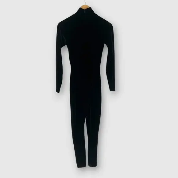 Vintage 90s Y2k Moda Int'l Black Velvet Long Sleeve Catsuit Jumpsuit Small - Picture 2 of 6